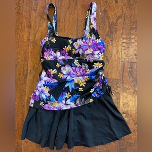 Rose Marie Reid Black & Colorful Floral Print Swimdress with Tummy Control